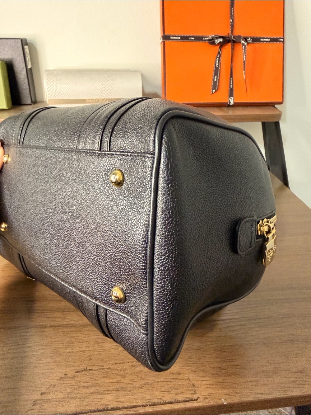 AUTHENTIC - MCM Black Boston Style Too Handle Bag with Gold Hardware - Picture 8 of 13
